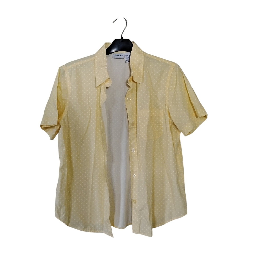 Cabin Creek Womens Petite Medium Yellow Polka Dot Short Sleeve Cotton Button